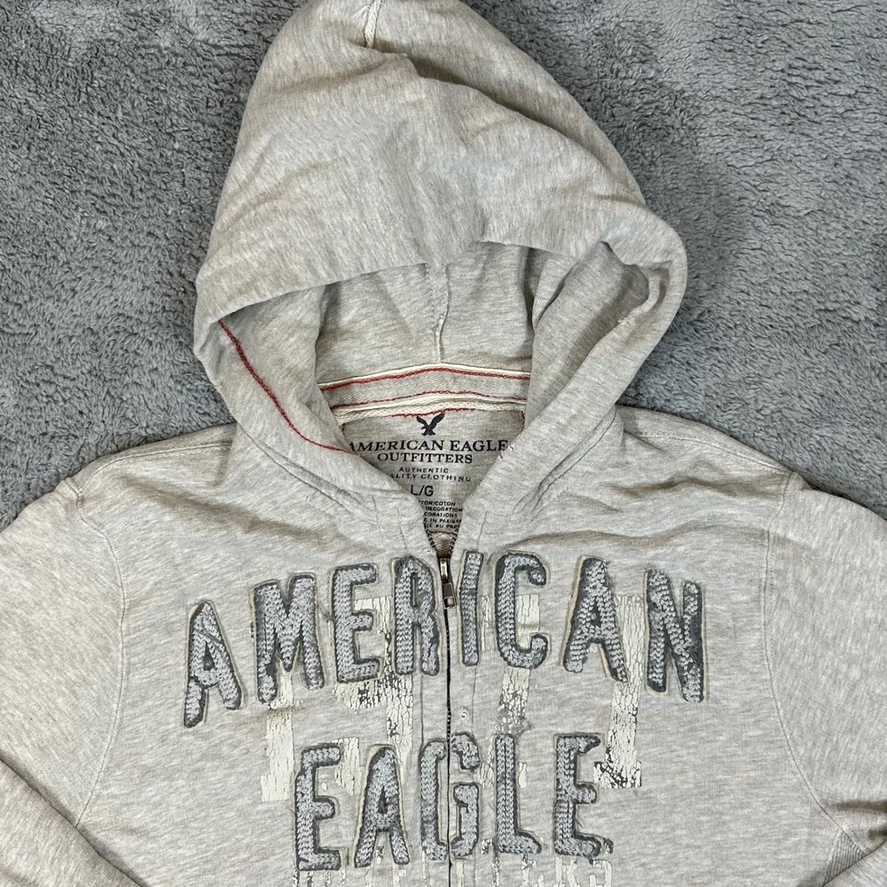 American Eagle Outfitters Mens Gray Distressed Graphic Logo Full Zip Hoodie L